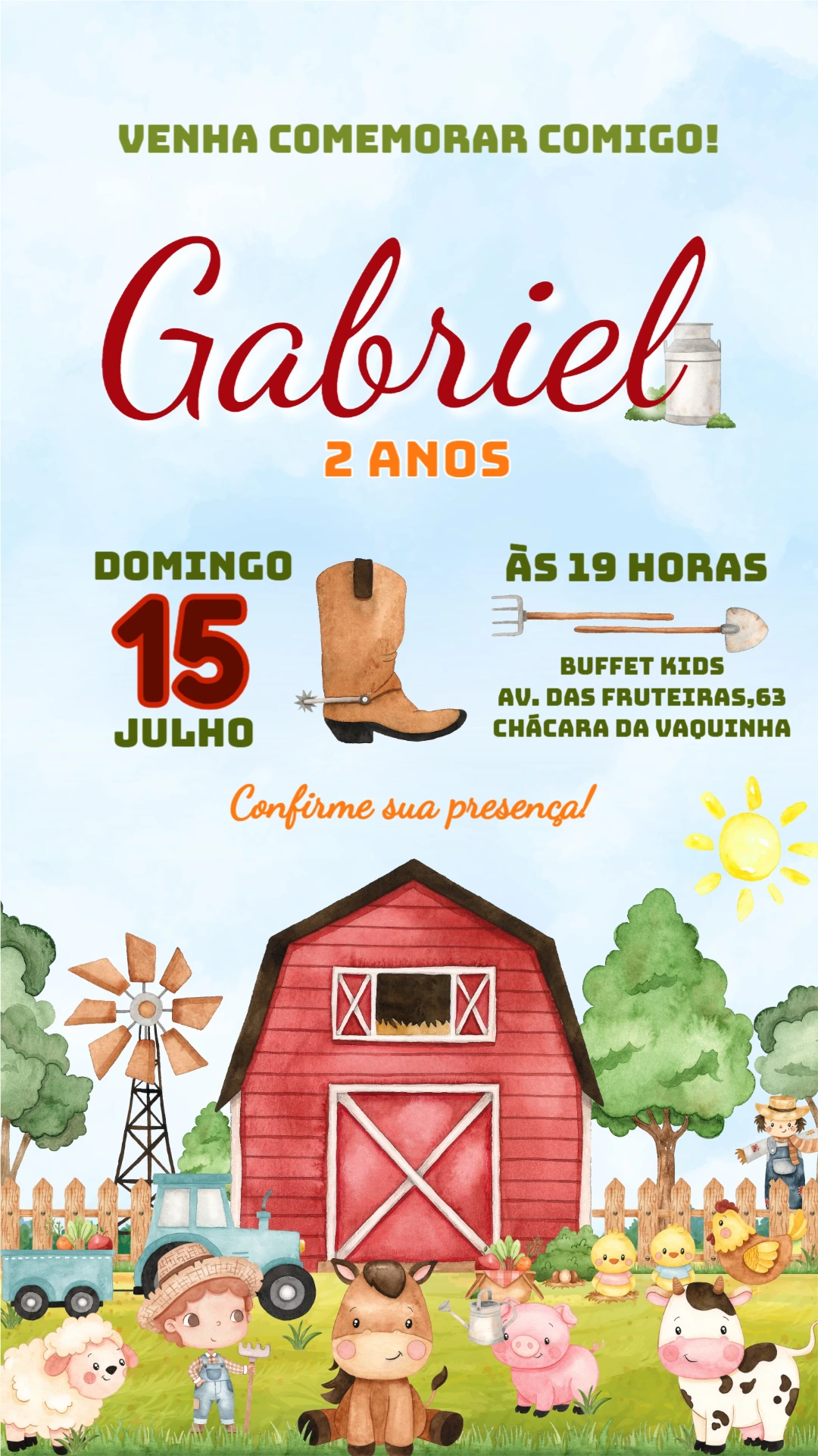 Convite Aniversário Fazendinha com Animais para Editar Online