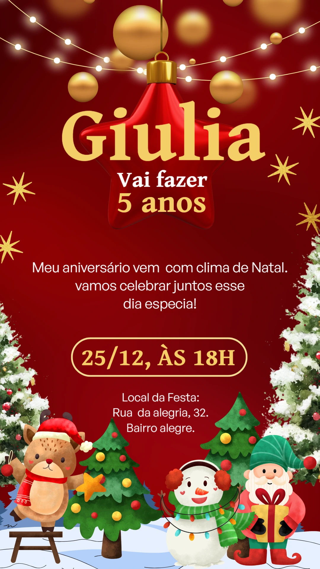 Convite de Aniversário Infantil Tema Natalino Editável