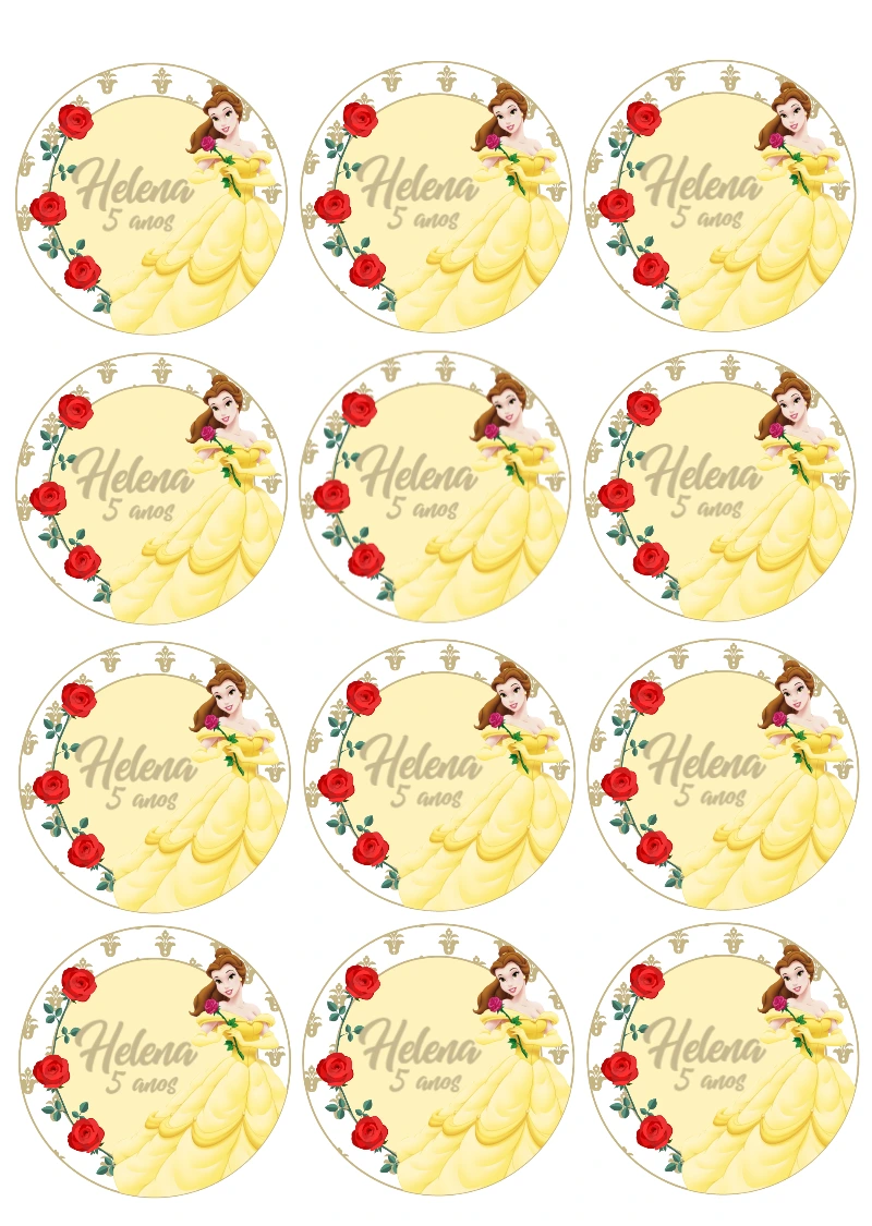 Adesivo Redondo Princesa Bela para Aniversário para Editar