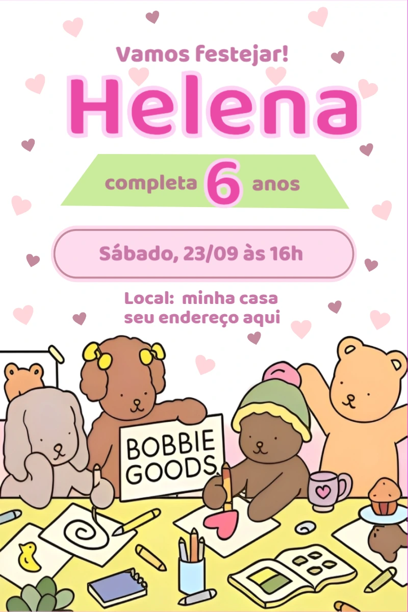Convite de Aniversário Ursinhos Fofos para Editar Online