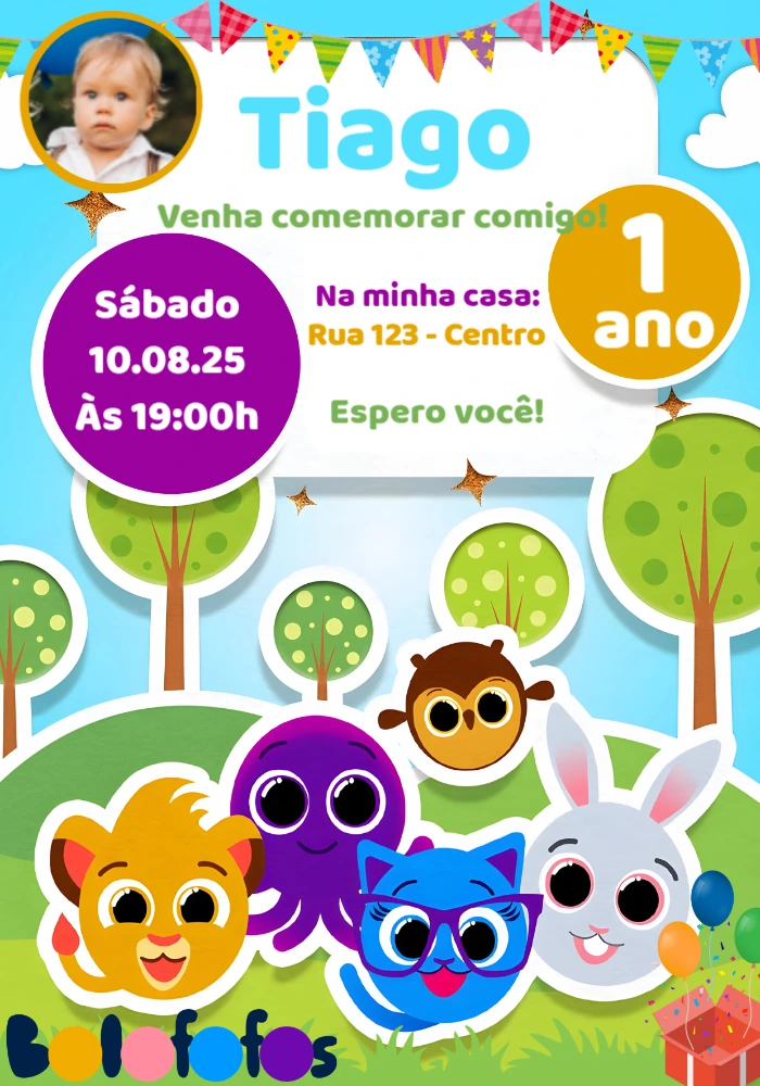 Convite Aniversário Bolofofos com foto para Editar Online