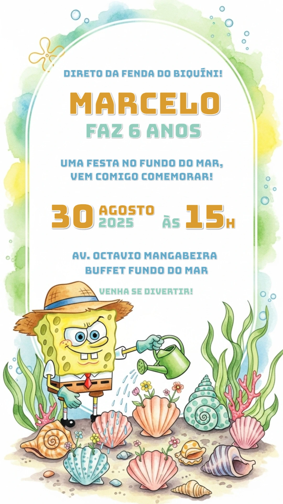 Convite de Aniversário Bob Esponja para Editar Online