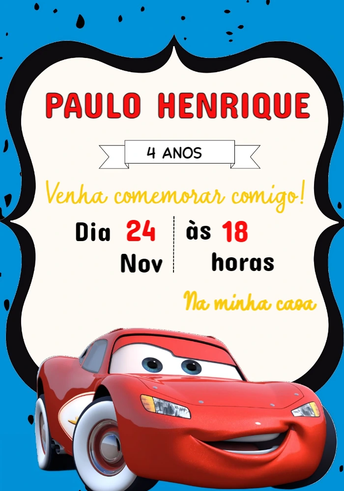 Convite Aniversário Carros do Relâmpago McQueen para Editar