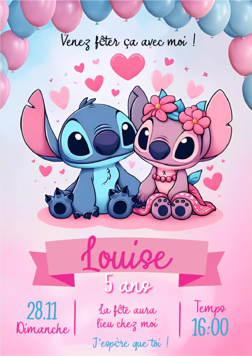 Invitation Anniversaire Stitch et Angel à Modifier en Ligne