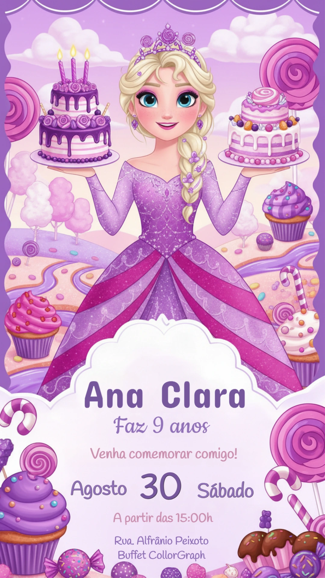 Convite Aniversário Princesa dos Doces Roxo para Editar
