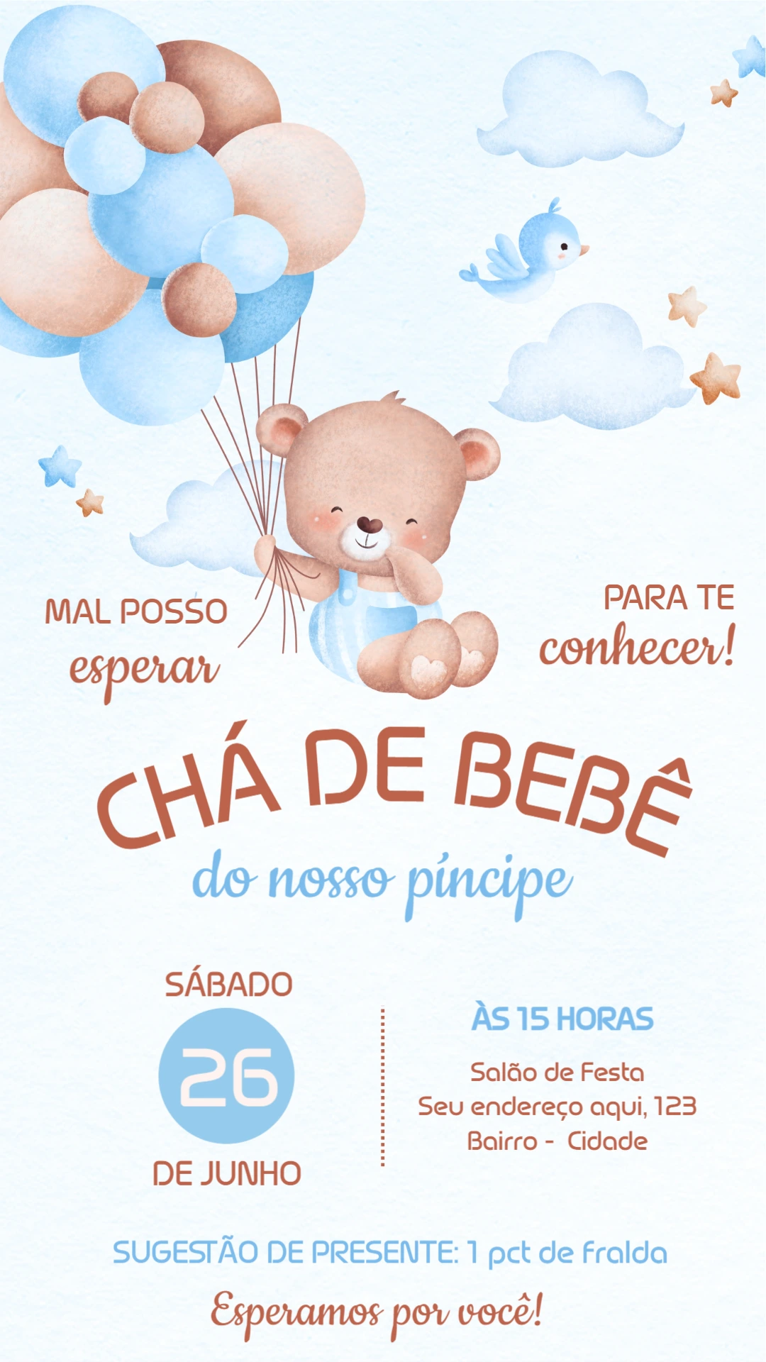 Convite Chá de Bebê Menino Ursinho Baloeiro para Editar