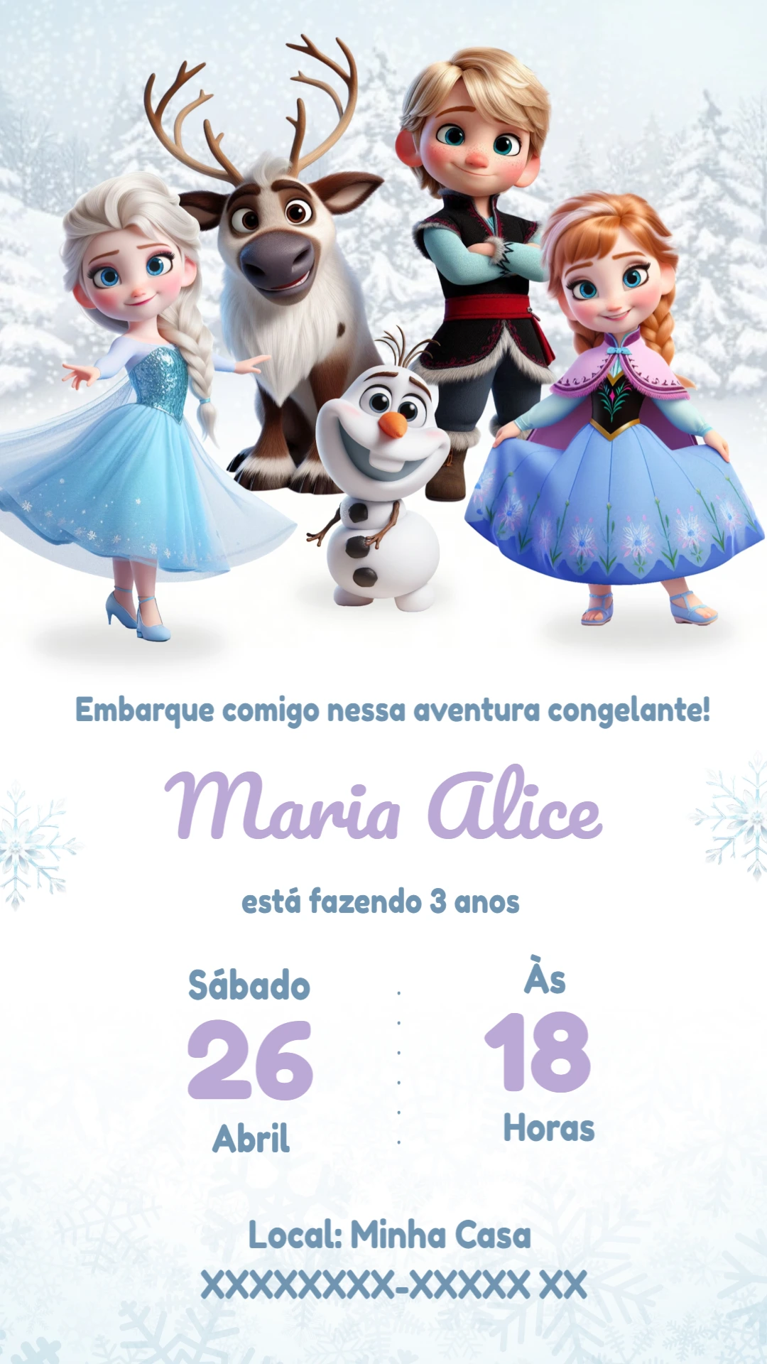 Convite de Aniversário Frozen com Personagens para Editar Online