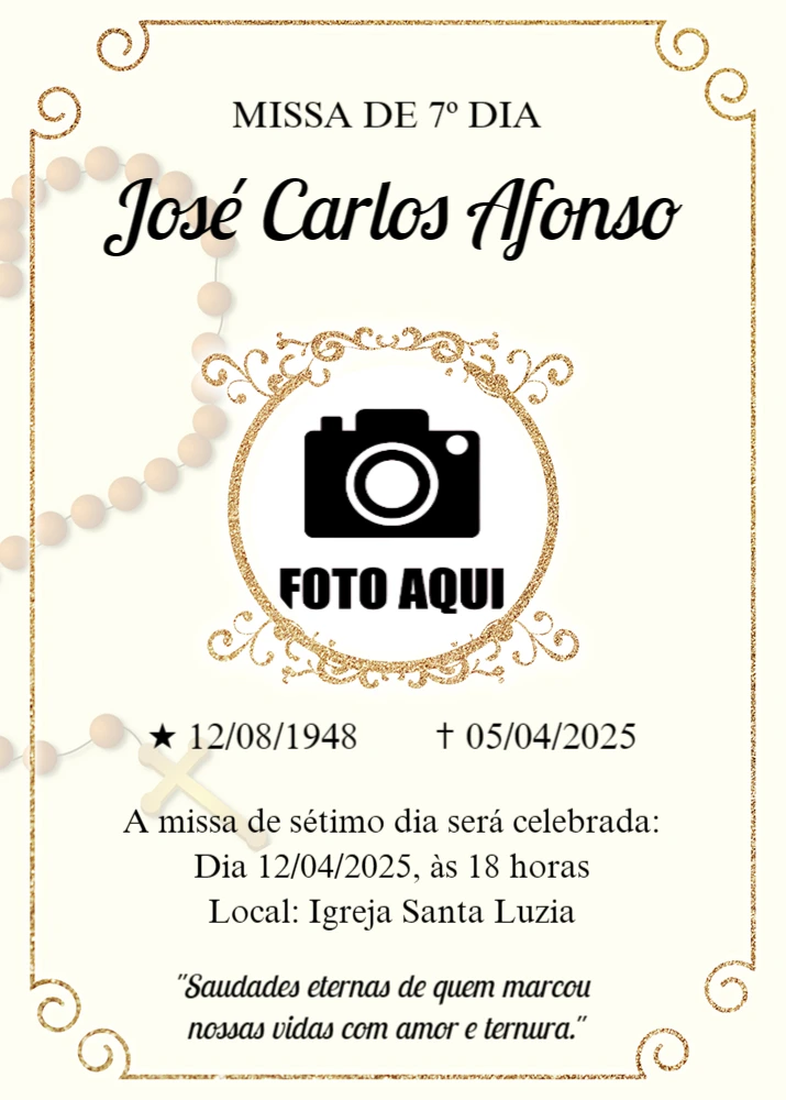 Convite Missa de 7º Dia com Terço e Foto para Editar Online