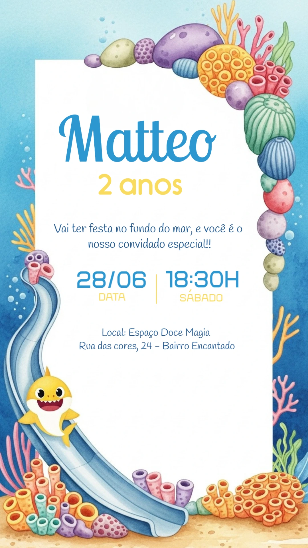 Convite de Aniversário Baby Shark Fundo do Mar para Editar