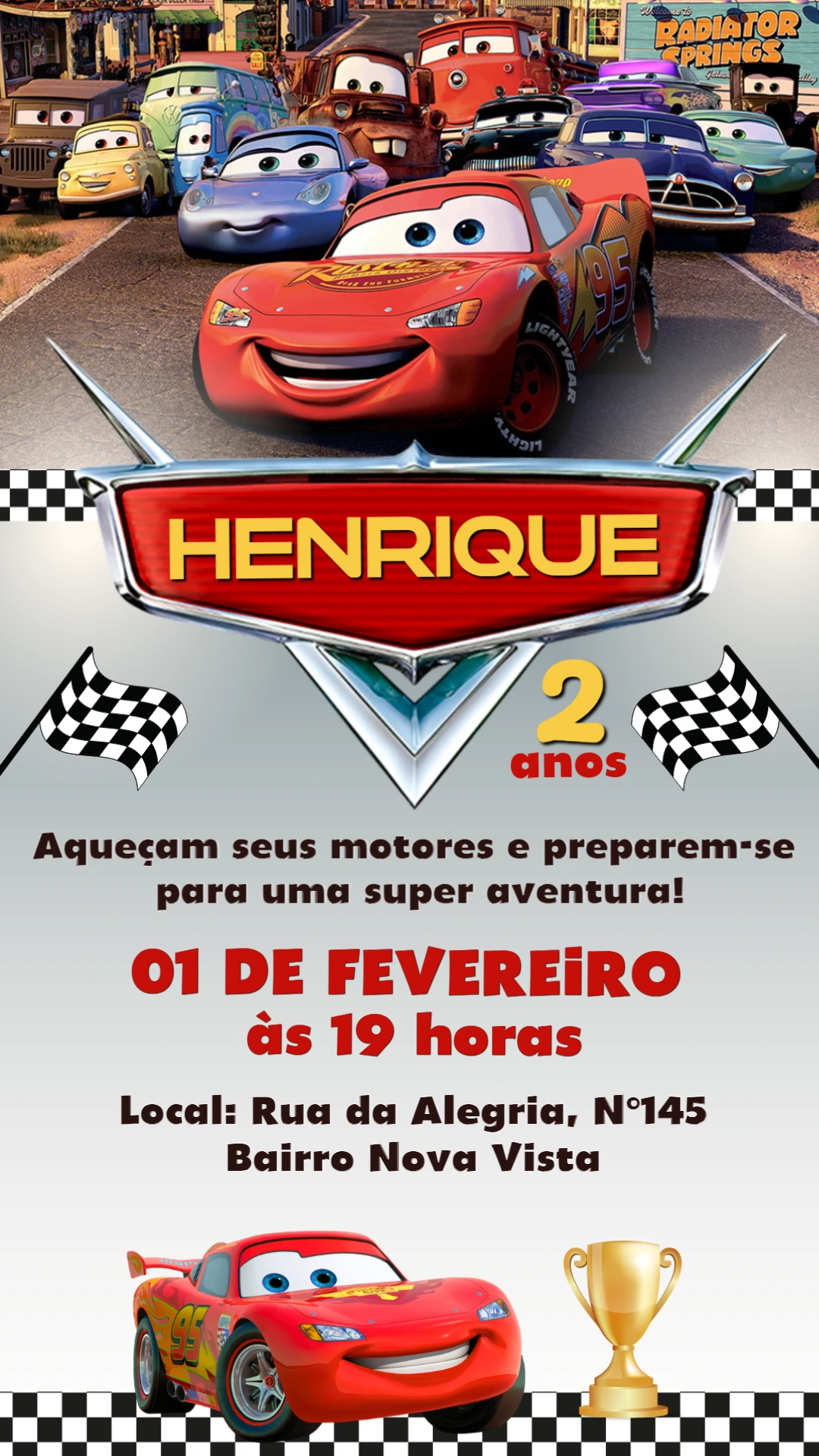 Convite de Aniversário Carros com Relâmpago McQueen para editar