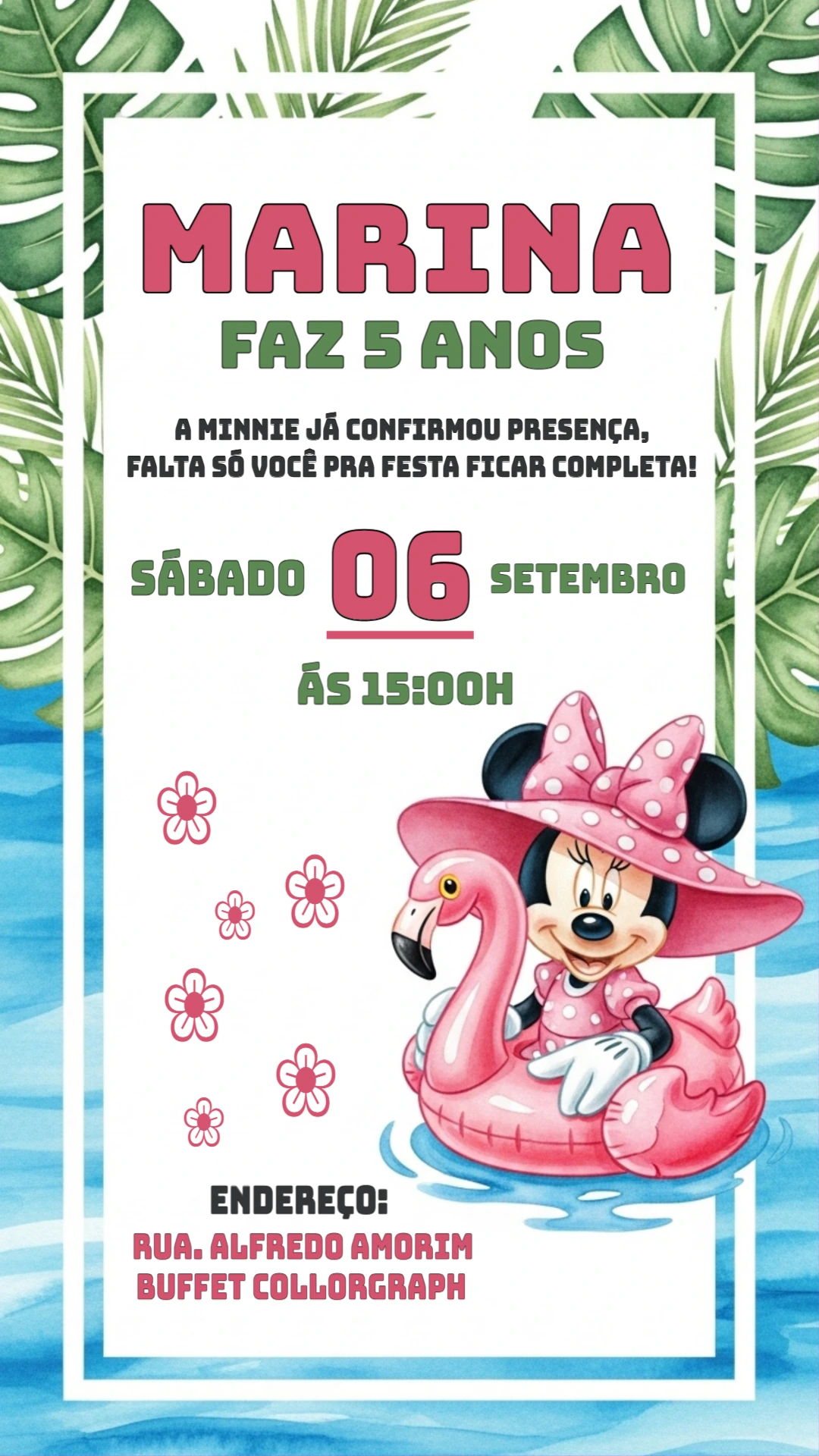Convite de Aniversário Minnie Verão Tropical para Editar Online