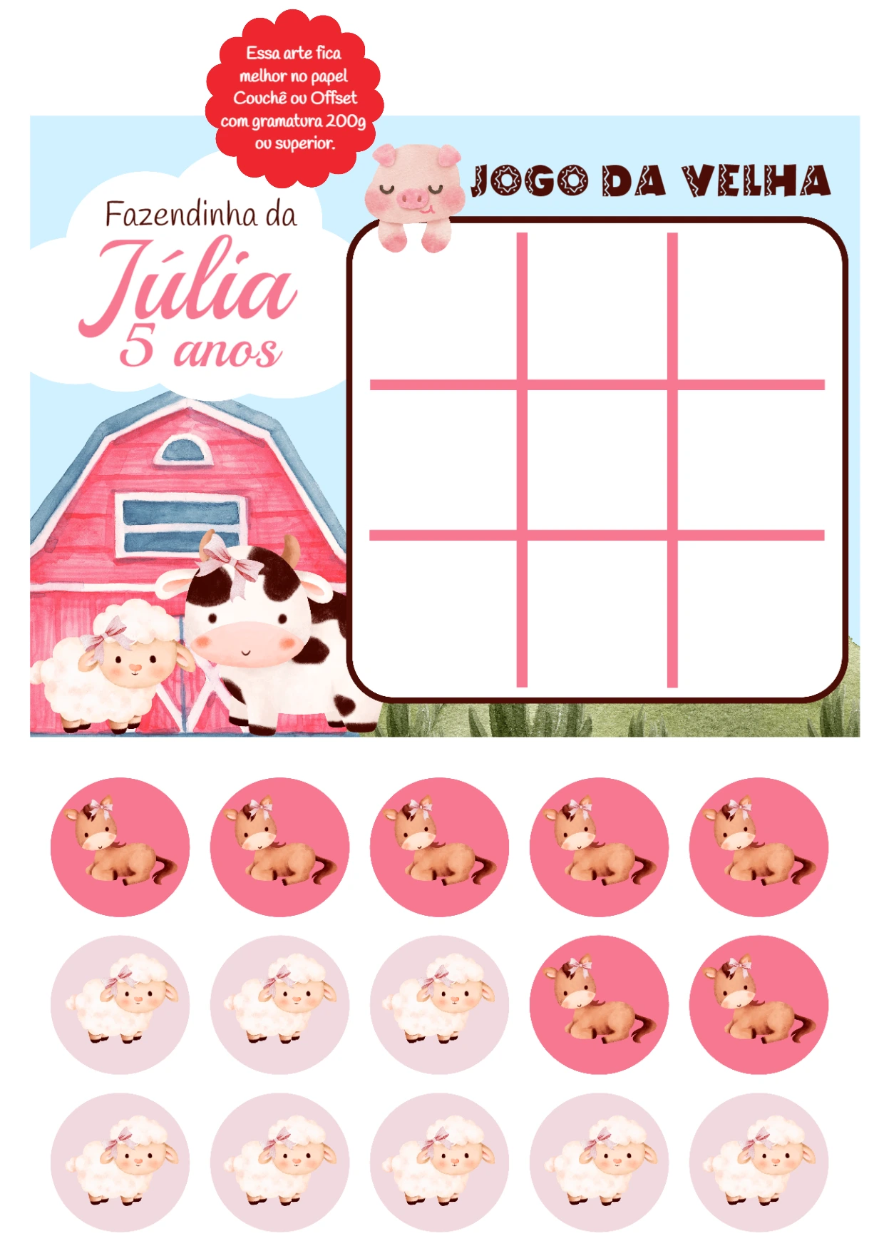 Jogo da Velha Fazendinha Editável para Lembrancinha de Aniversário
