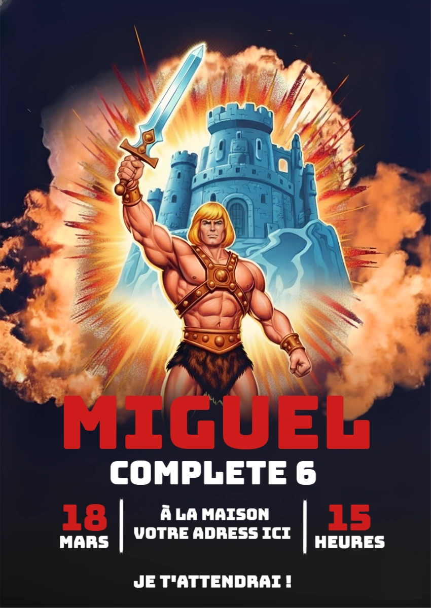 Invitation d'anniversaire Musclor rétro - Modèle à modifier