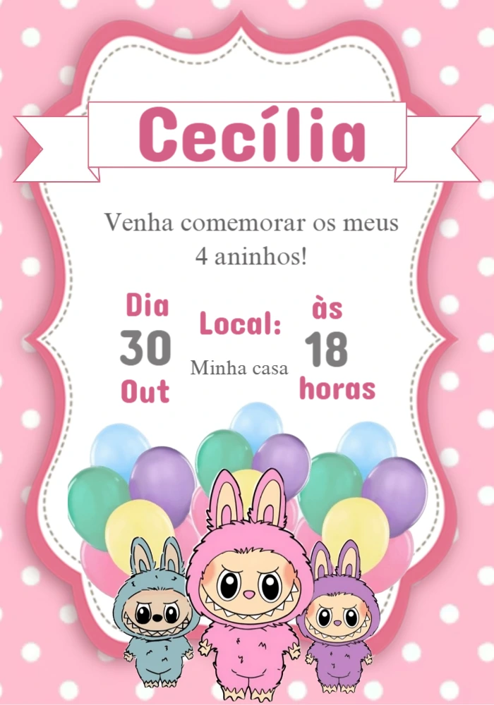 Convite de Aniversário Labubu com Monstrinhos para Editar