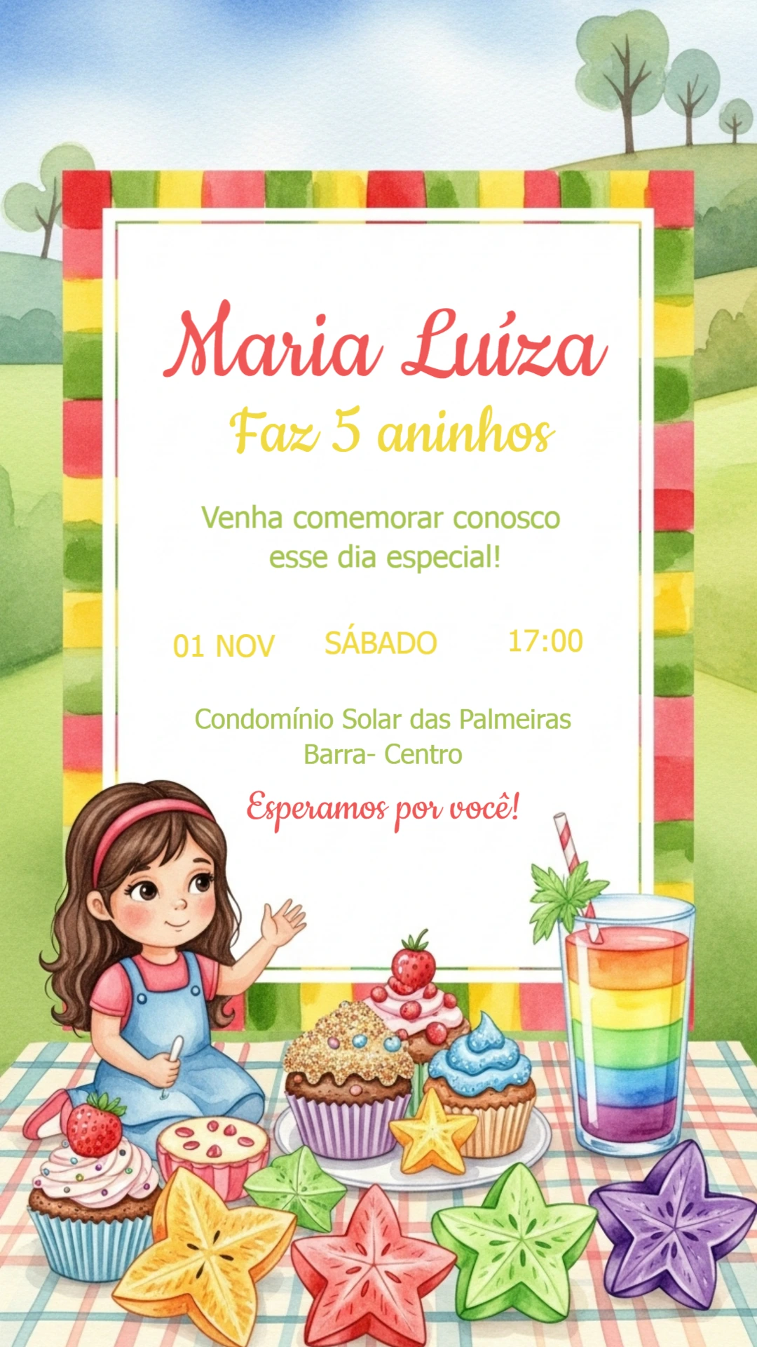 Convite de Aniversário Piquenique com Menina para Editar Online