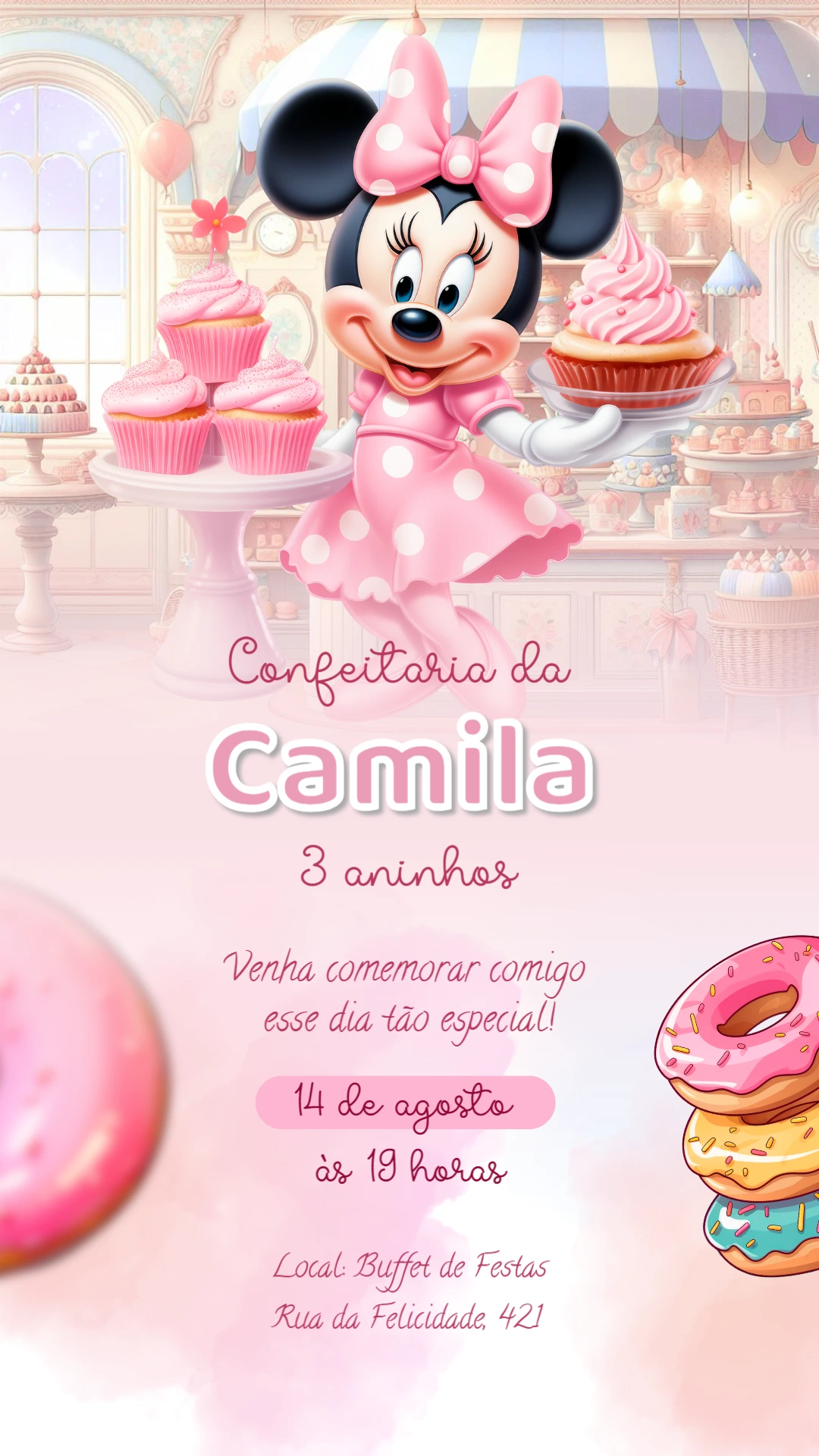 Convite de Aniversário Minnie Confeitaria Rosa para Editar
