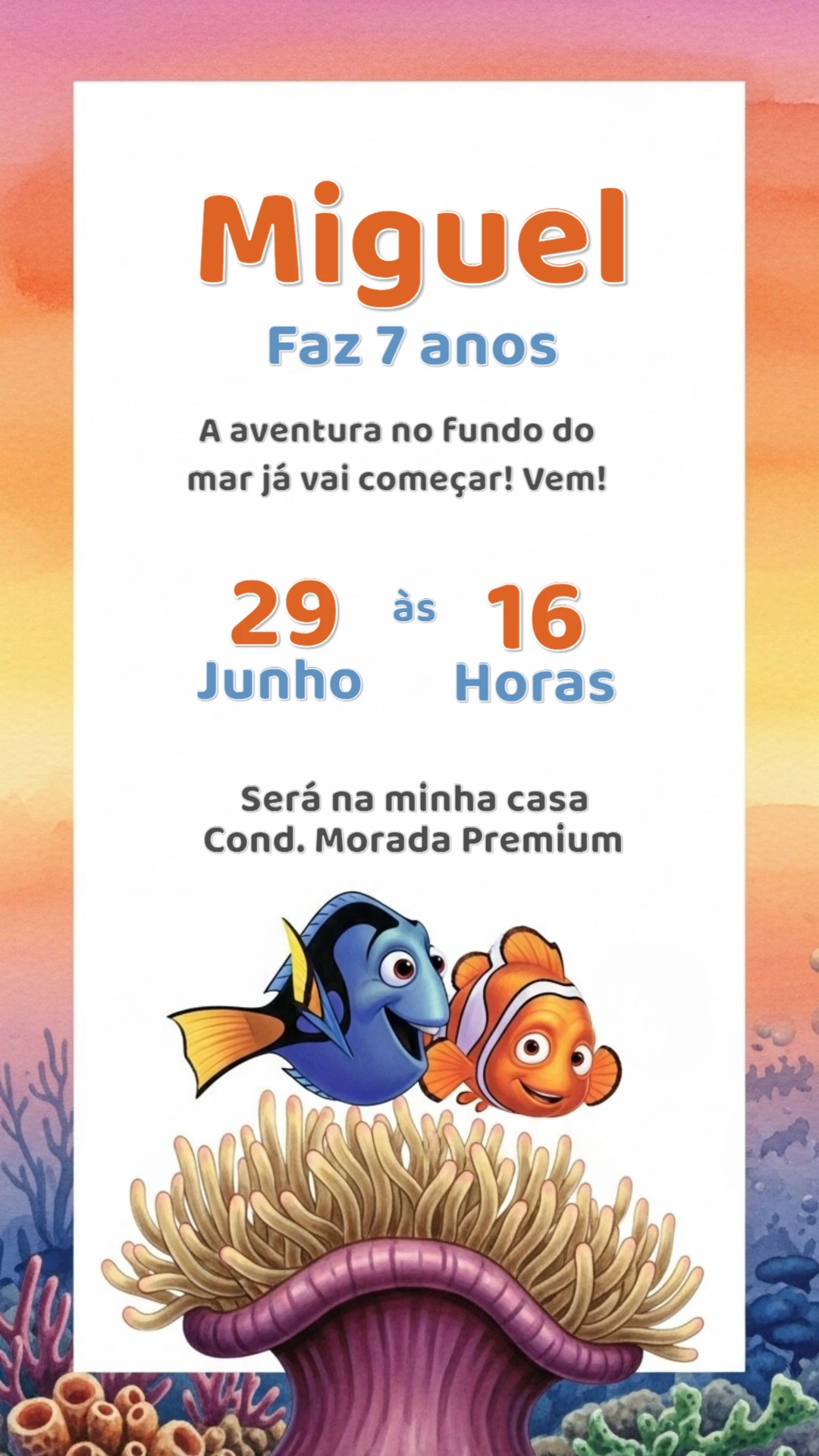 Convite Aniversário Procurando Nemo para Editar Online