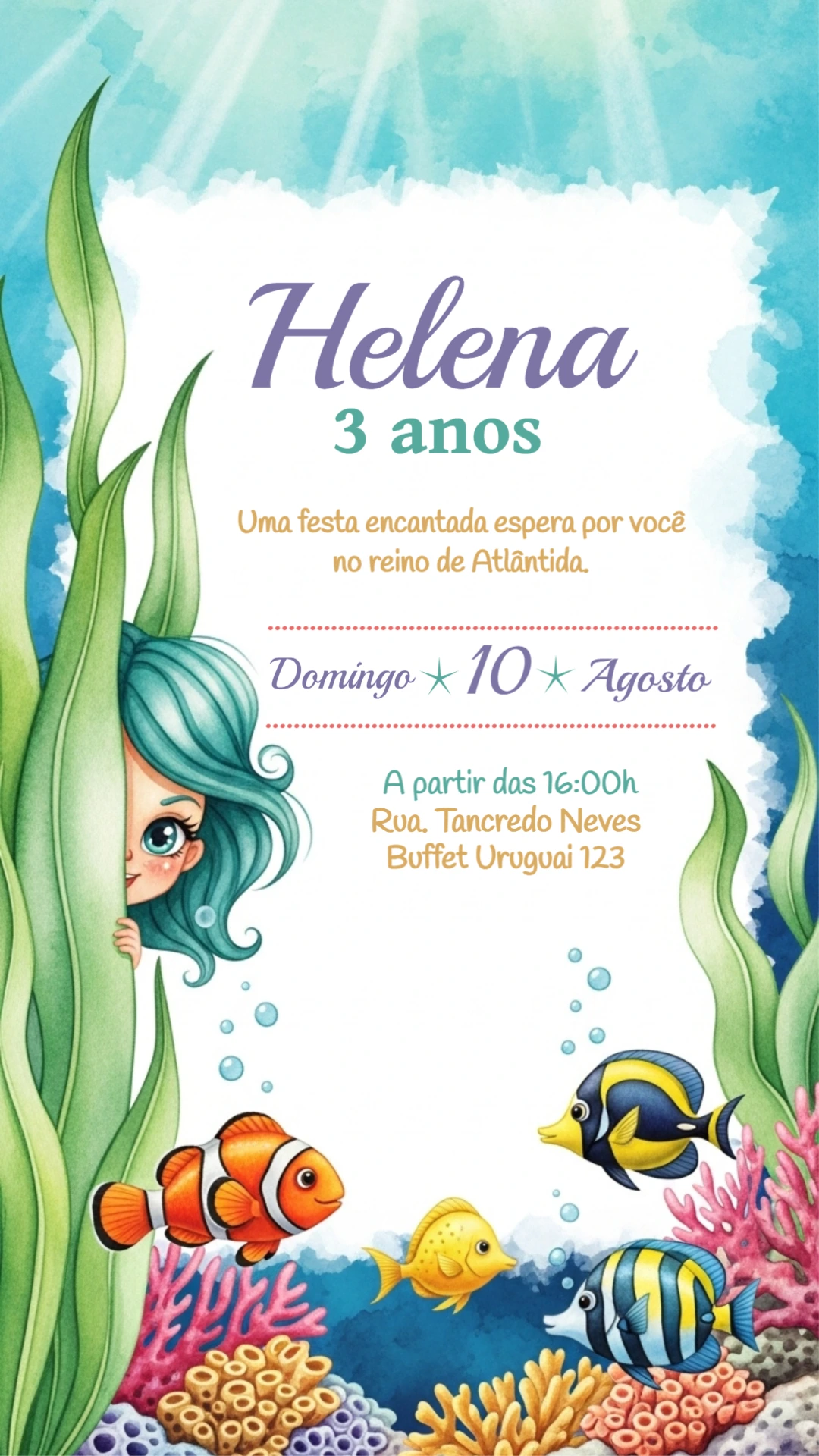 Convite Aniversário Sereia Fundo do Mar para Editar Online