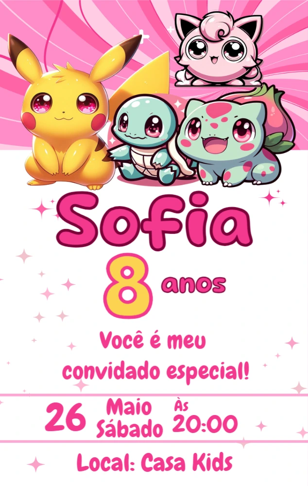 Convite de Aniversário Pokémon Fofo e Rosa para Editar Online