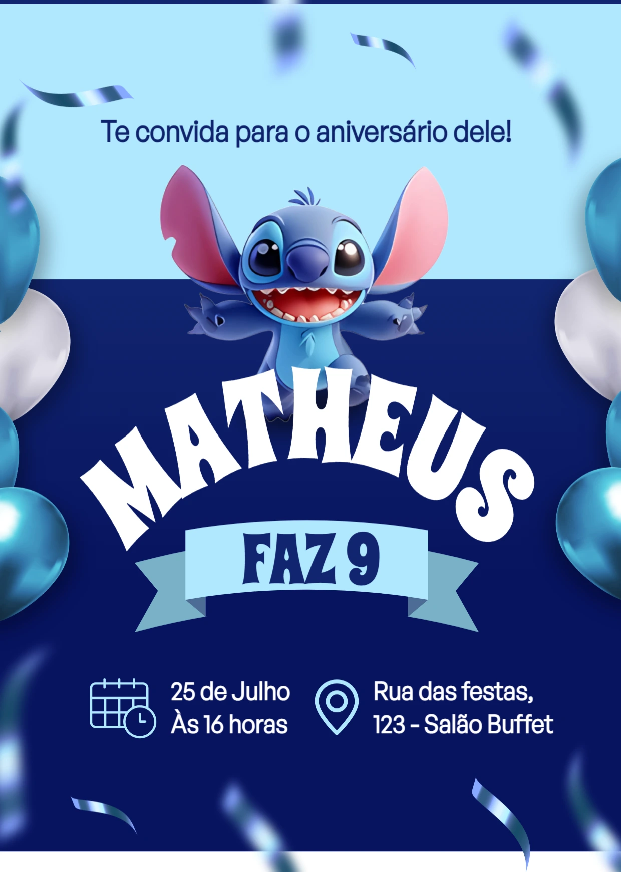 Convite de Aniversário Stitch Azul para Editar Online