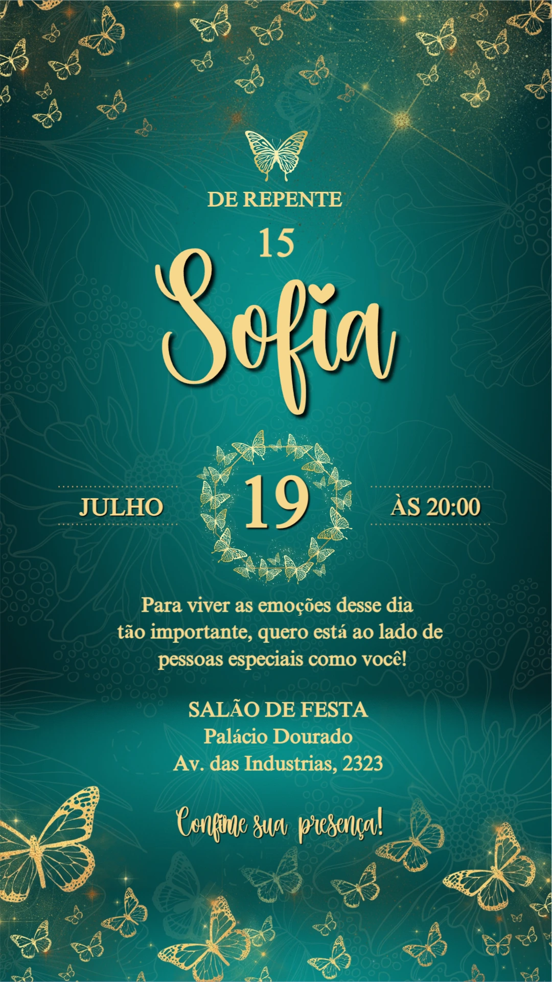 Convite 15 Anos Borboletas Douradas para Editar Online