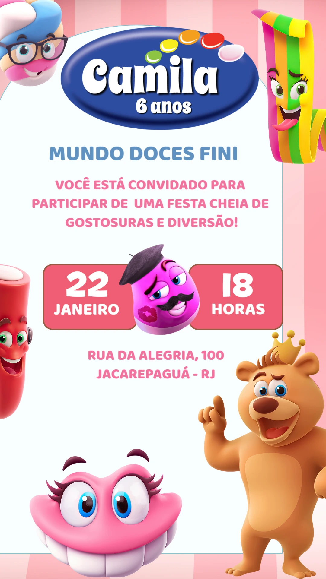 Convite Aniversário Fini com Personagens para Editar Online