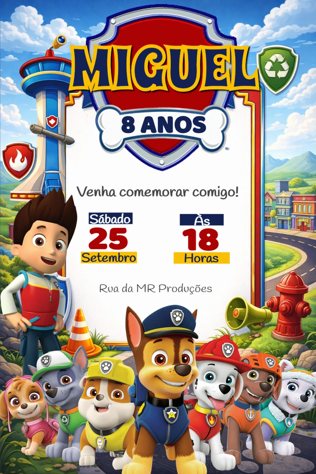 Convite de Aniversário Patrulha Canina Colorido para Editar