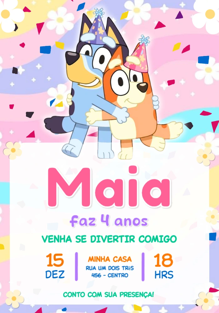 Convite Digital Aniversário Infantil Bluey e Bingo Editável