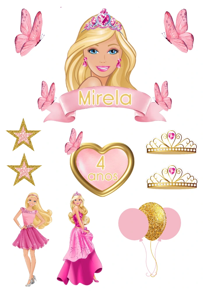 Topo de Bolo Barbie Princesa: Kit de Elementos para Editar