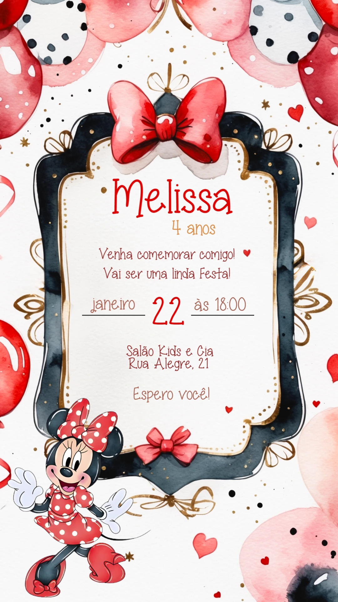 Convite Aniversário Minnie Vermelha Aquarela para Editar