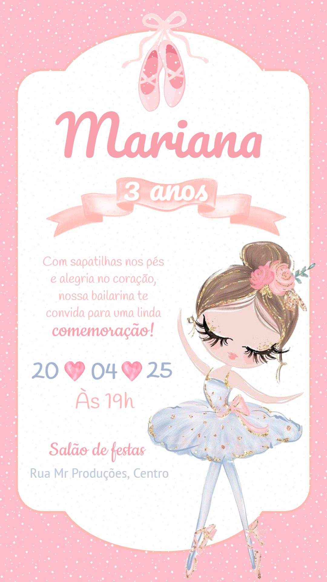 Convite Aniversário Bailarina Delicada para Editar Online