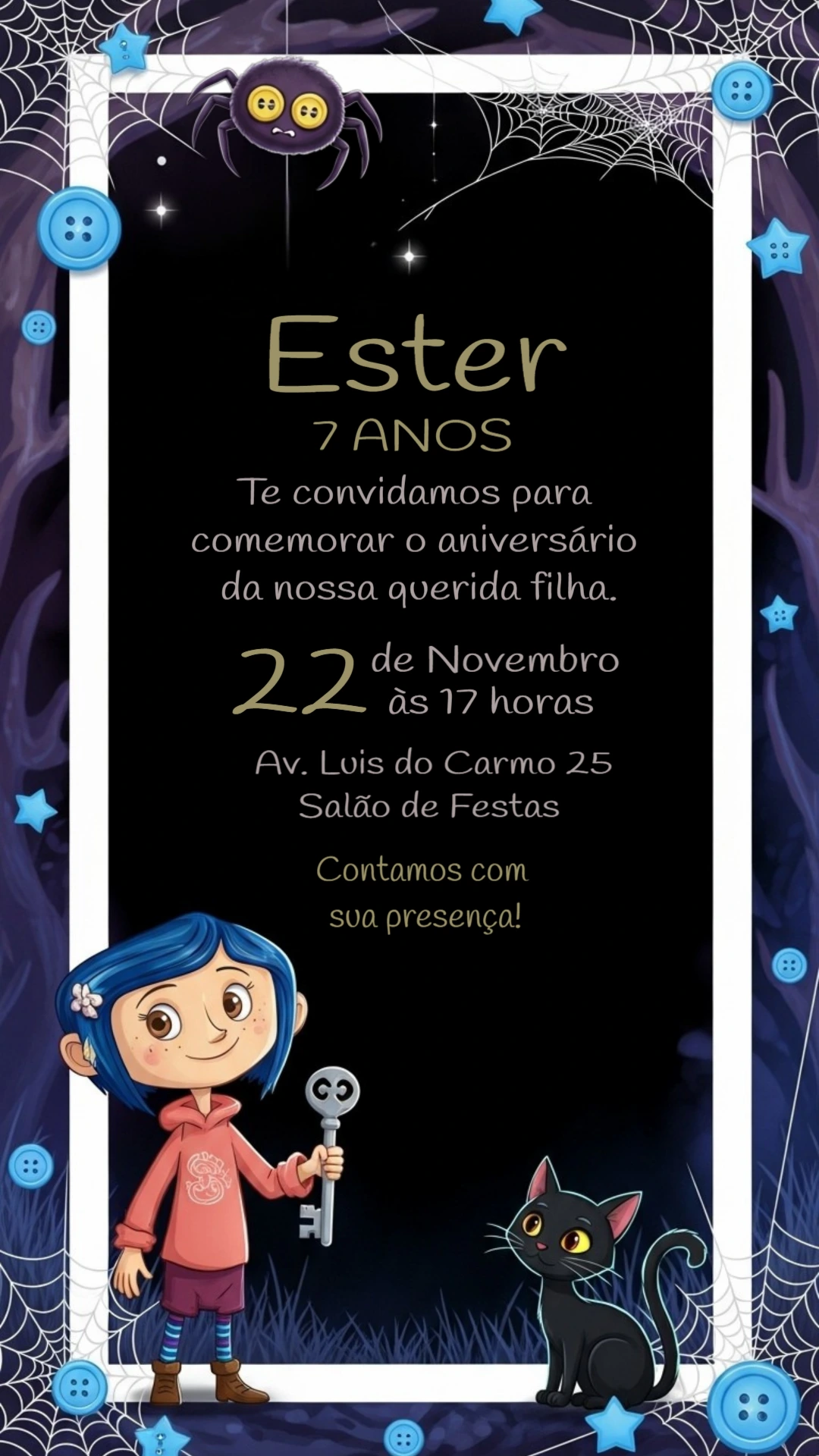 Convite de Aniversário Coraline para Editar e Imprimir
