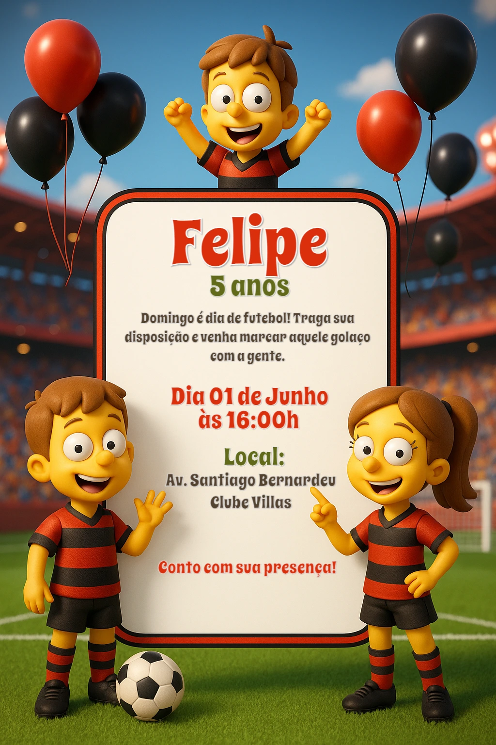 Convite de Aniversário Futebol com Personagens para Editar