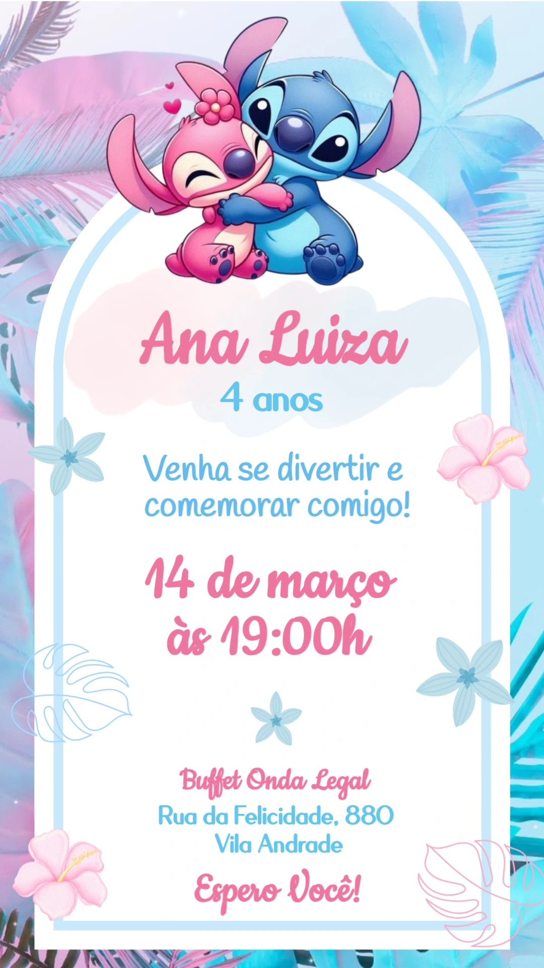 Convite de Aniversário Stitch e Angel para Editar Online