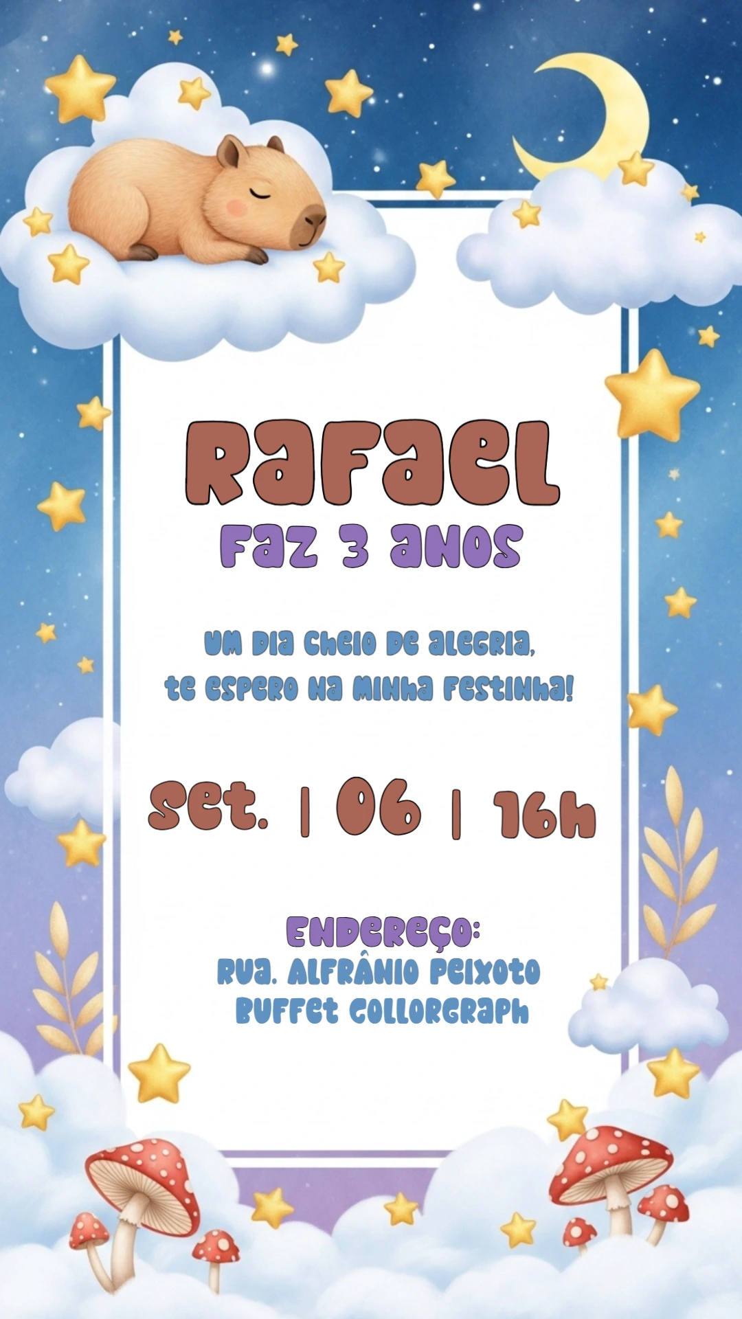 Convite de Aniversário Capivara Fofa para Editar e Imprimir
