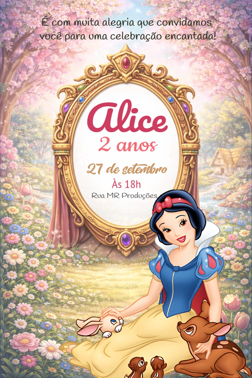 Convite Editável Aniversário Branca de Neve Floresta Encantada