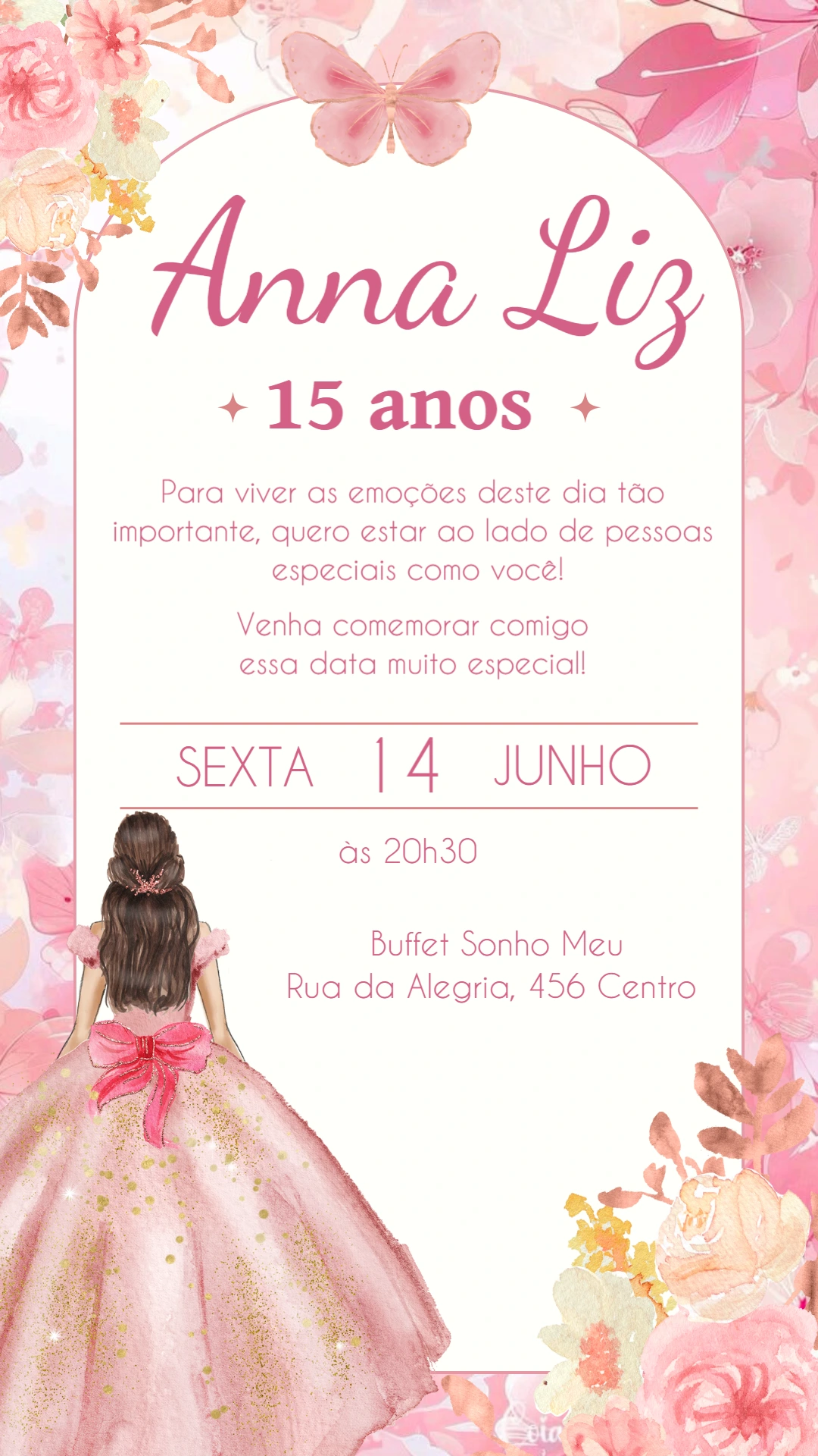 Convite de 15 Anos Debutante Floral Rosa para Editar Online