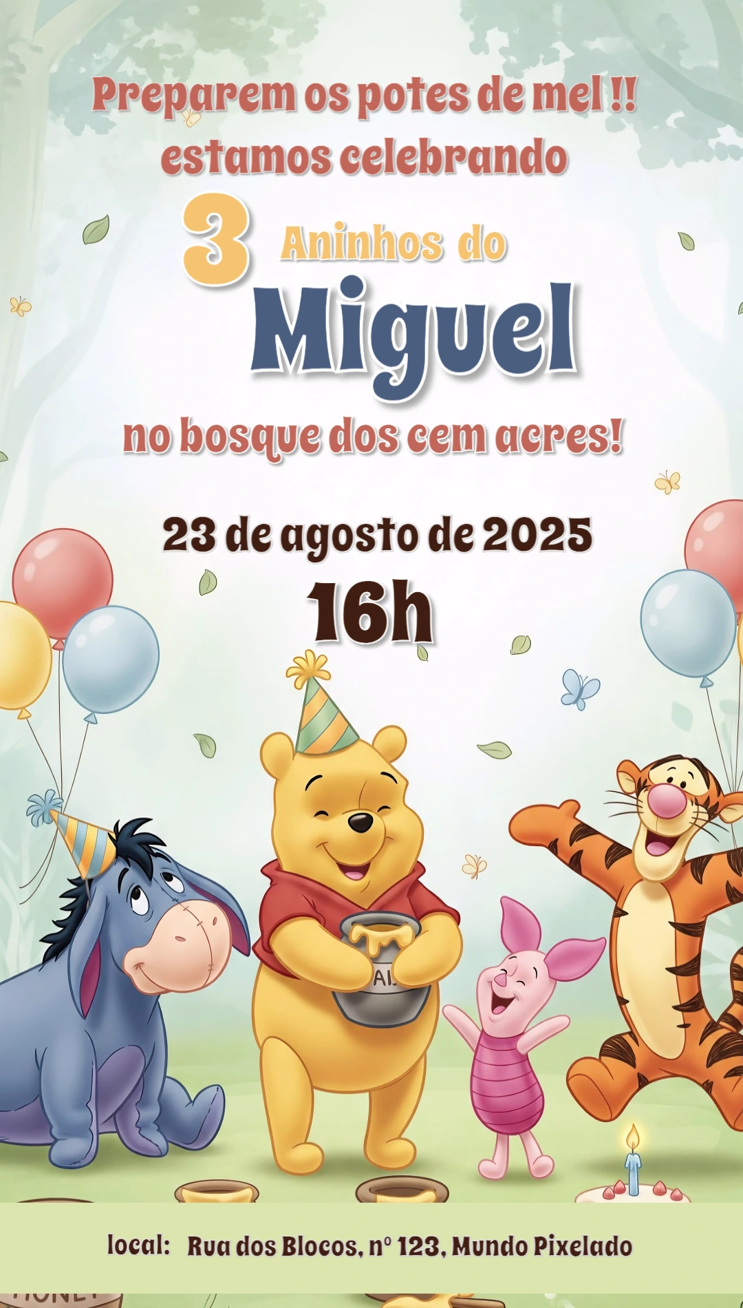 Convite de Aniversário Ursinho Pooh e Turma para Editar Online