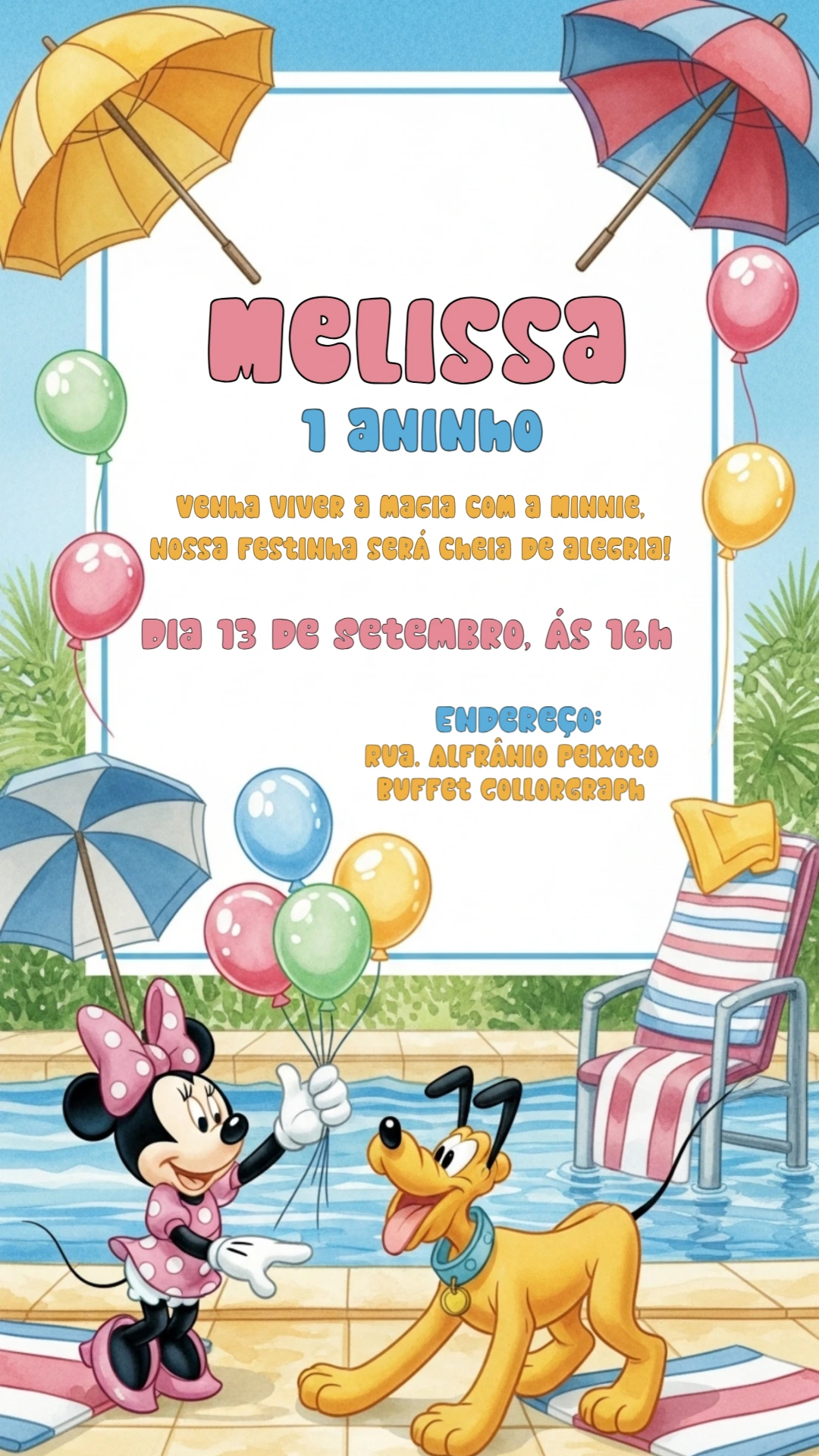 Convite de Aniversário Minnie na Piscina para Editar Online