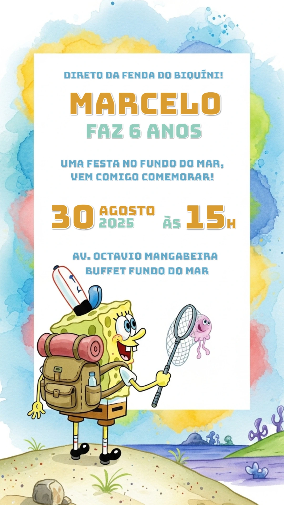 Convite de Aniversário Bob Esponja para Editar Online