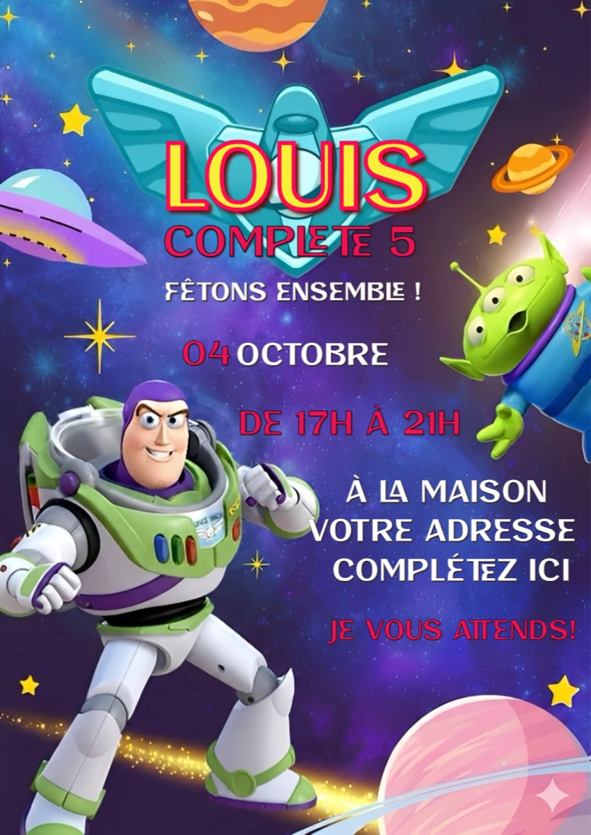 Invitation Anniversaire Buzz l'Éclair à Modifier en Ligne