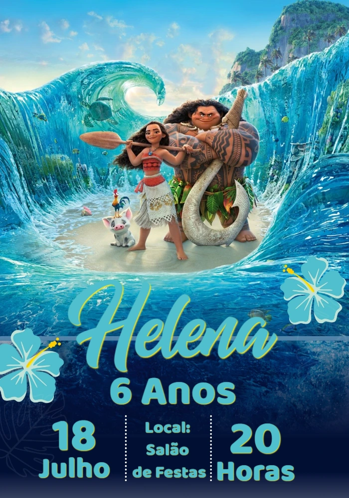 Convite de Aniversário Moana com Personagens para Editar Online