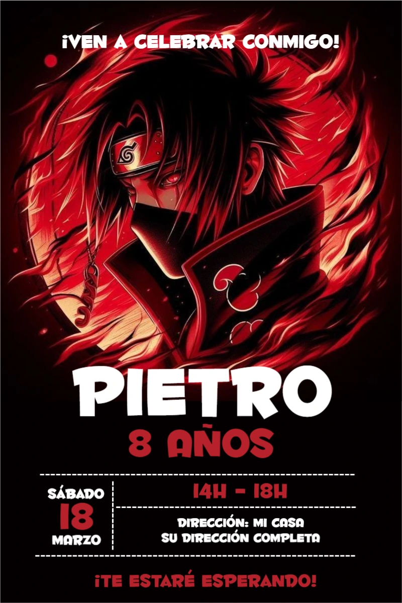 Invitación de Cumpleaños Anime Ninja en Rojo y Negro Editable