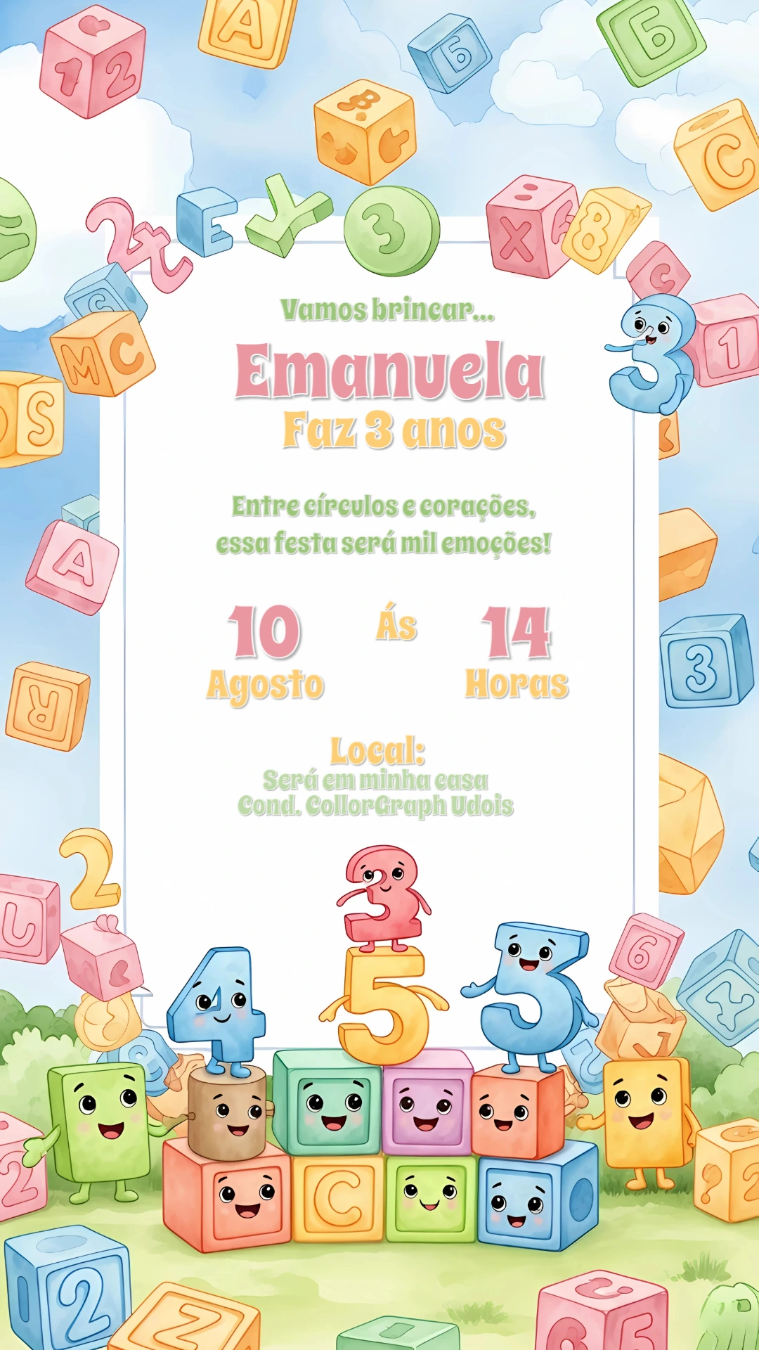 Convite Aniversário Infantil ABC e Números para Editar Online