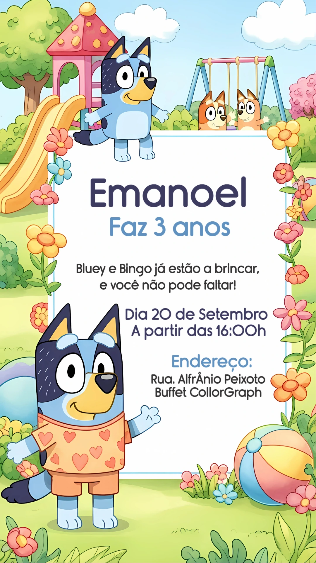 Convite de Aniversário Bluey e Bingo para Editar Online