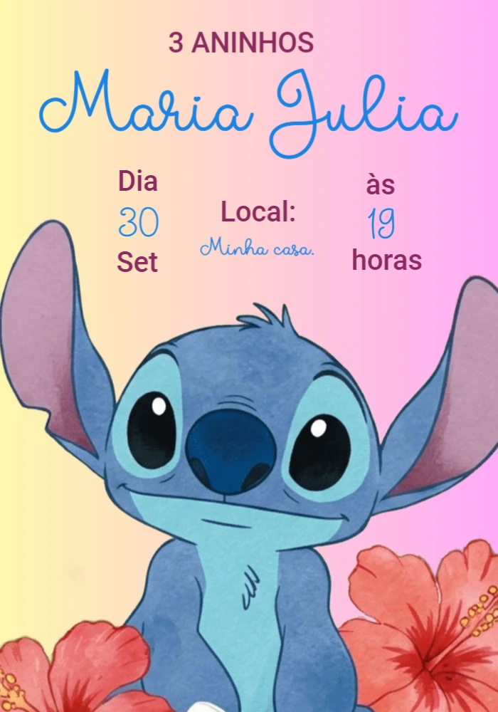 Convite de Aniversário Stitch Editável Online para Imprimir
