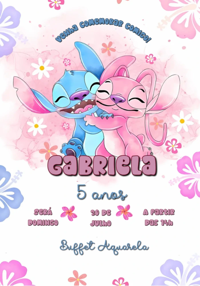 Convite de Aniversário Stitch e Angel para Editar Online
