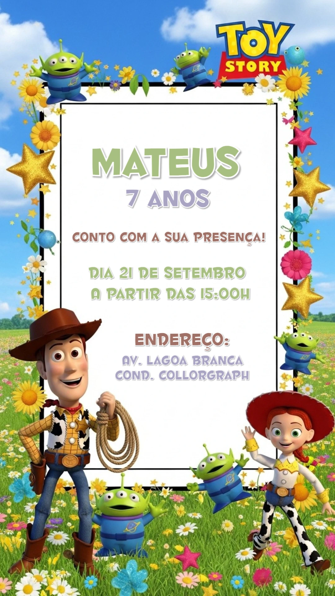 Convite de Aniversário Toy Story com Woody e Jessie para Editar