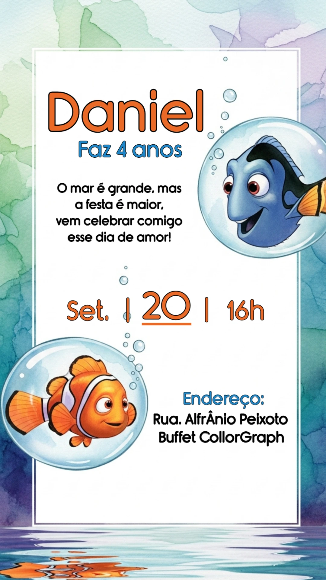 Convite Aniversário Procurando Nemo e Dory para Editar Online