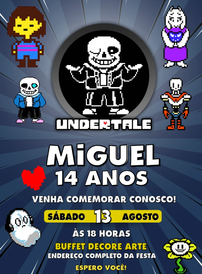 Convite Aniversário Undertale com Personagens para Editar Online